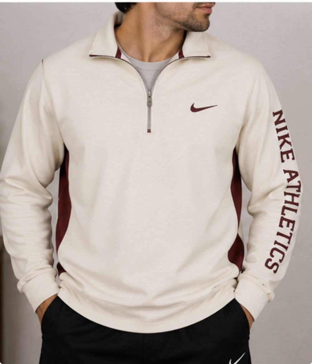 Nike Athletics Mens Large Quarter Zip Pullover Cream Burgundy Sleeve Logo